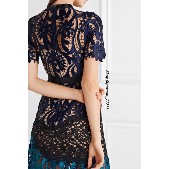 NWT Self Portrait Prairie Midi Dress Navy/Teal - Picture 3 of 17